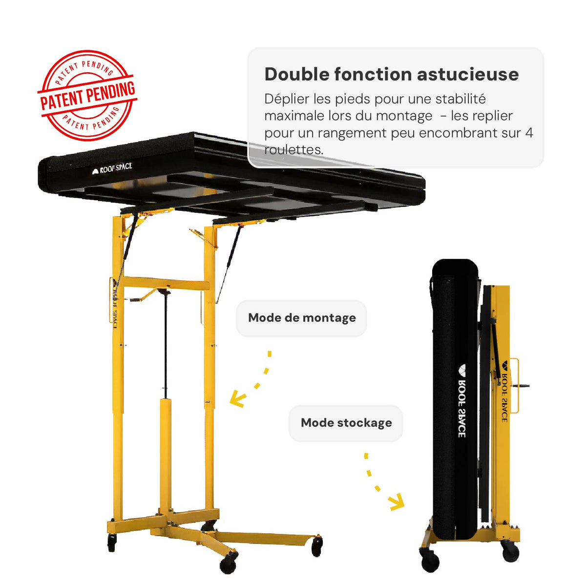 Élévateur de tente de toit Roof Space en position de montage avec pieds déployés, ainsi qu'en position de stockage repliée sur quatre roulettes pivotantes.