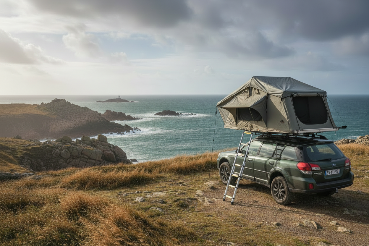Tente de toit 4 places familiale Roof Space 4 dans un paysage de Bretagne