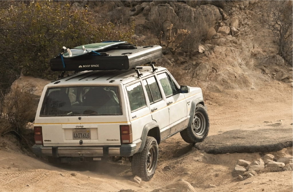 Tente de toit Roof Space 2 sur un 4x4 stationné sur une plage